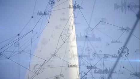 animación de la red de conexiones y procesamiento de datos sobre un arquitecto masculino de pie en un molino de viento