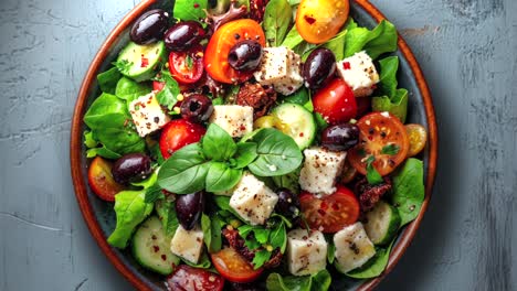 greek salad with feta cheese, tomatoes, olives, and cucumber