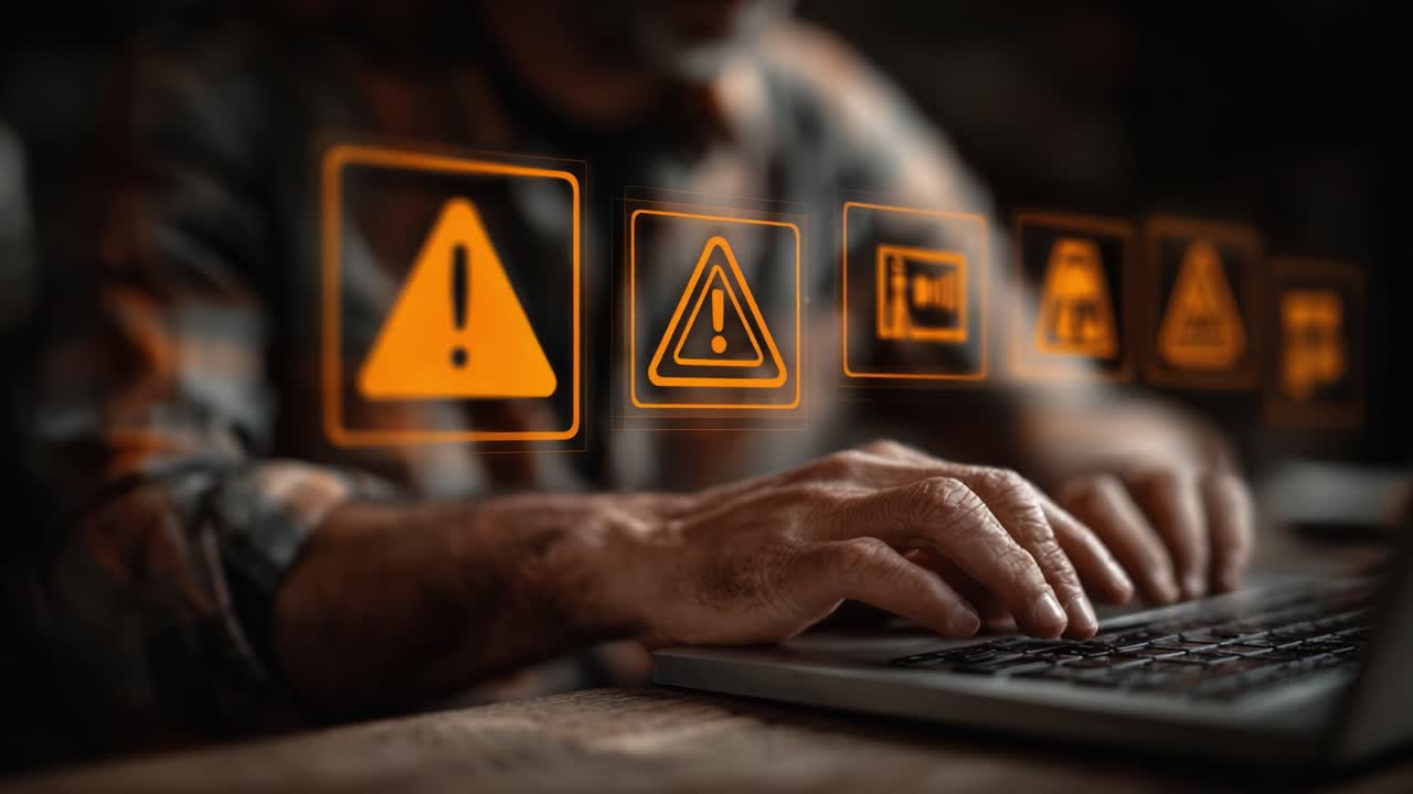A focused individual typing on a laptop, surrounded by various caution and warning symbols, emphasizing the urgency and importance of digital security and awareness in today's technology-driven world