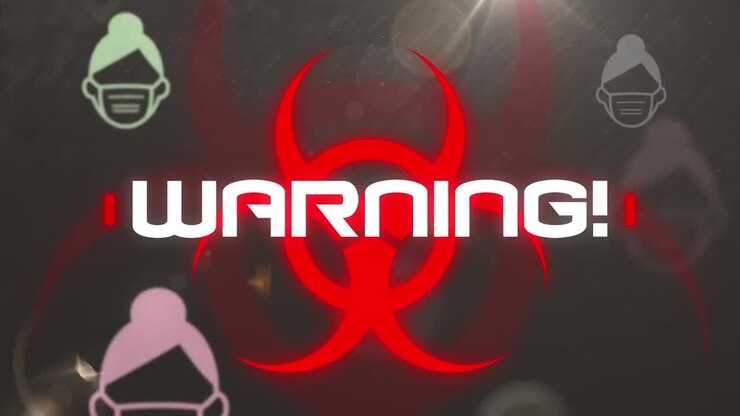 Animation of sick emojis flying over warning text and sign