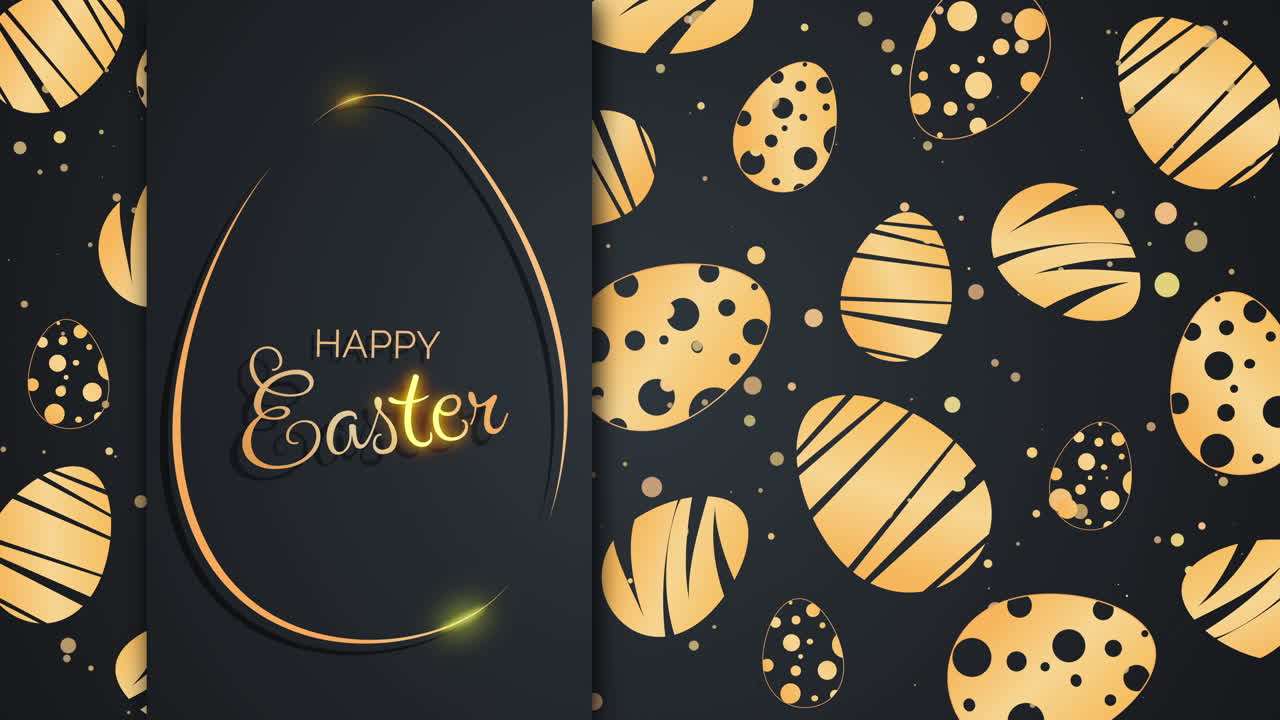 Easter golden eggs with patterns on a black background. Happy Easter inscription. Looped holiday animation.