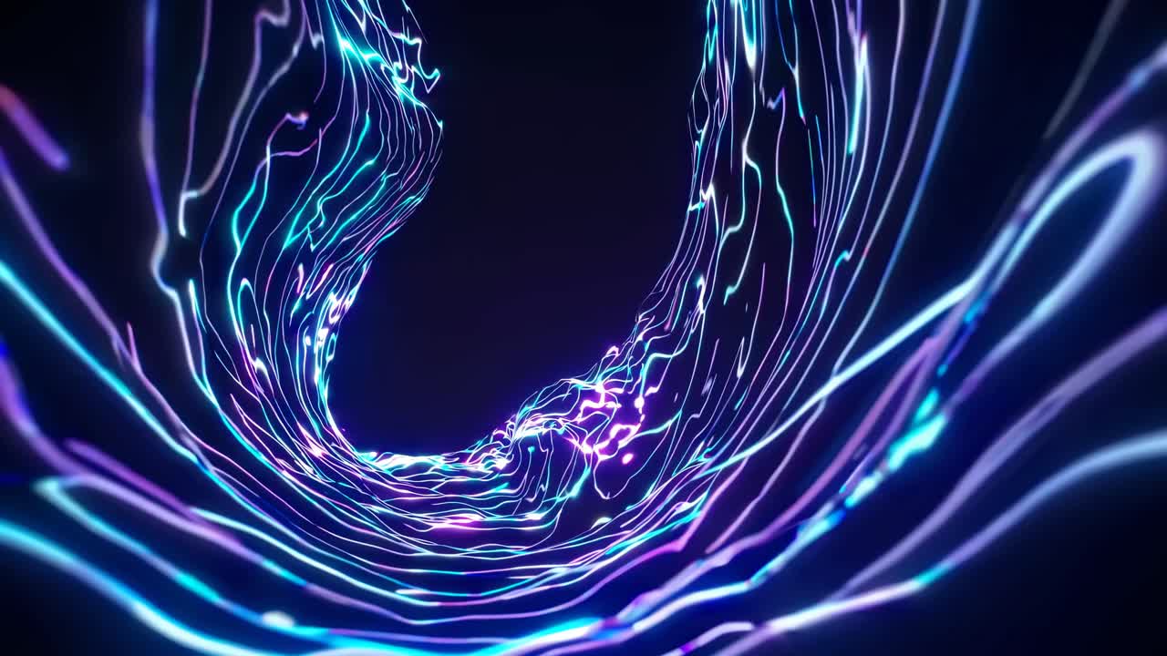 Dynamic video concept with swirling neon lines creating a vortex effect