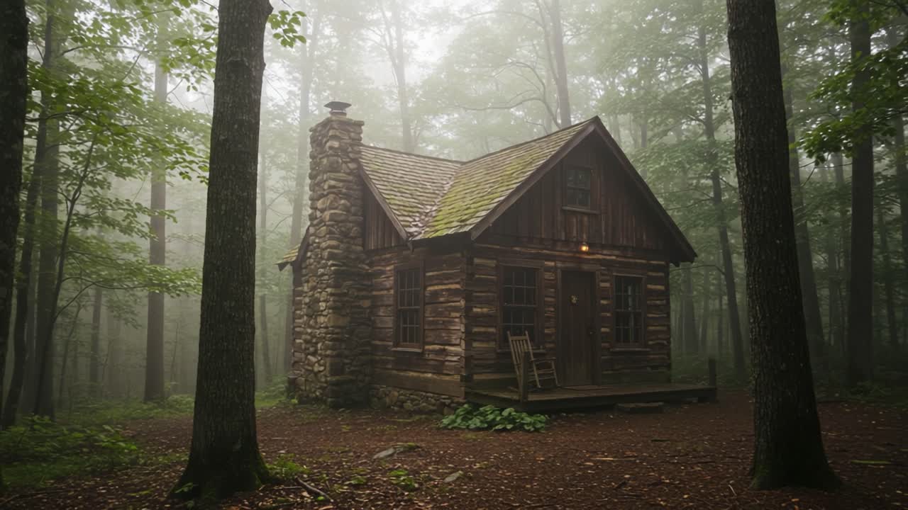 A Serene and Enigmatic Cabin Amidst a Mystical Fog-Laden Forest Landscape, Capturing the Tranquility and Charm of Nature's Embrace