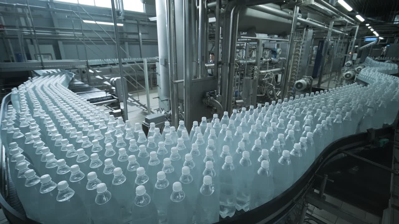Conveyor belt with bottles of drinking water at a modern beverage plant