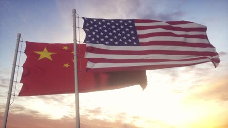 usa and china flag on flagpole. the united states of america and china waving flag in wind. usa and china trade war