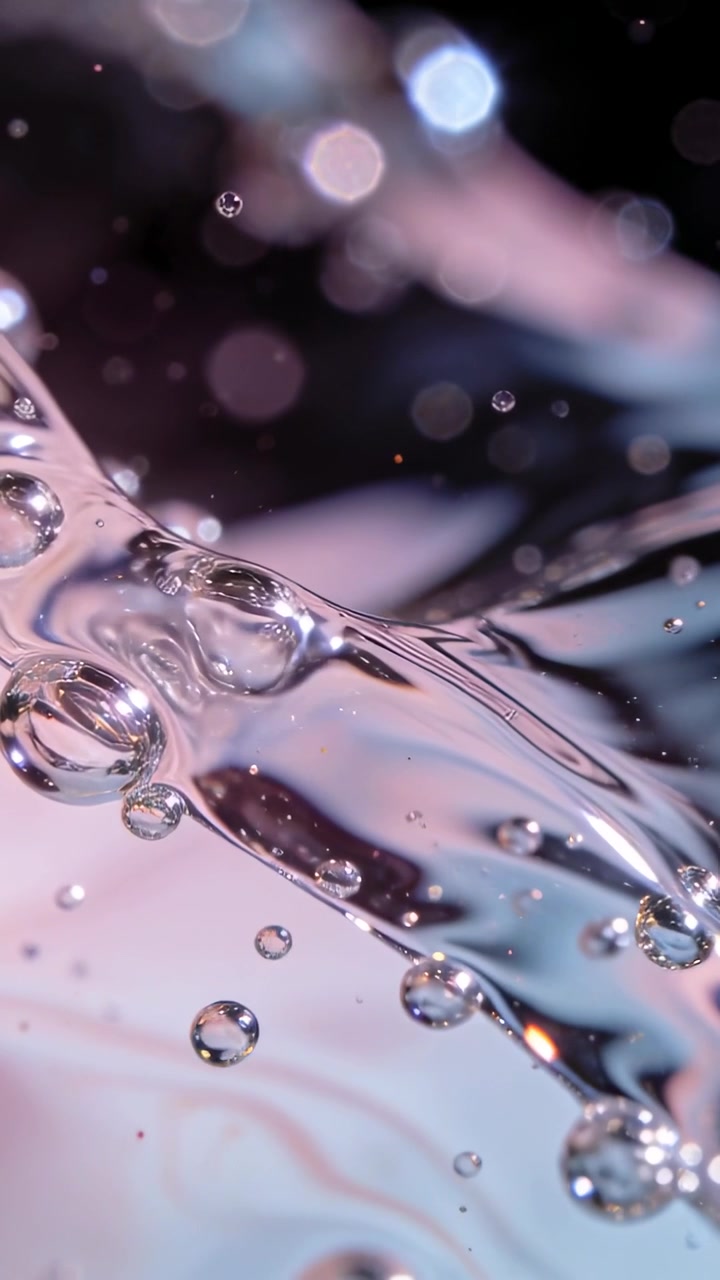 Video verticale: Strato liquido increspato che fa salire bolle in studio, reagendo al movimento.