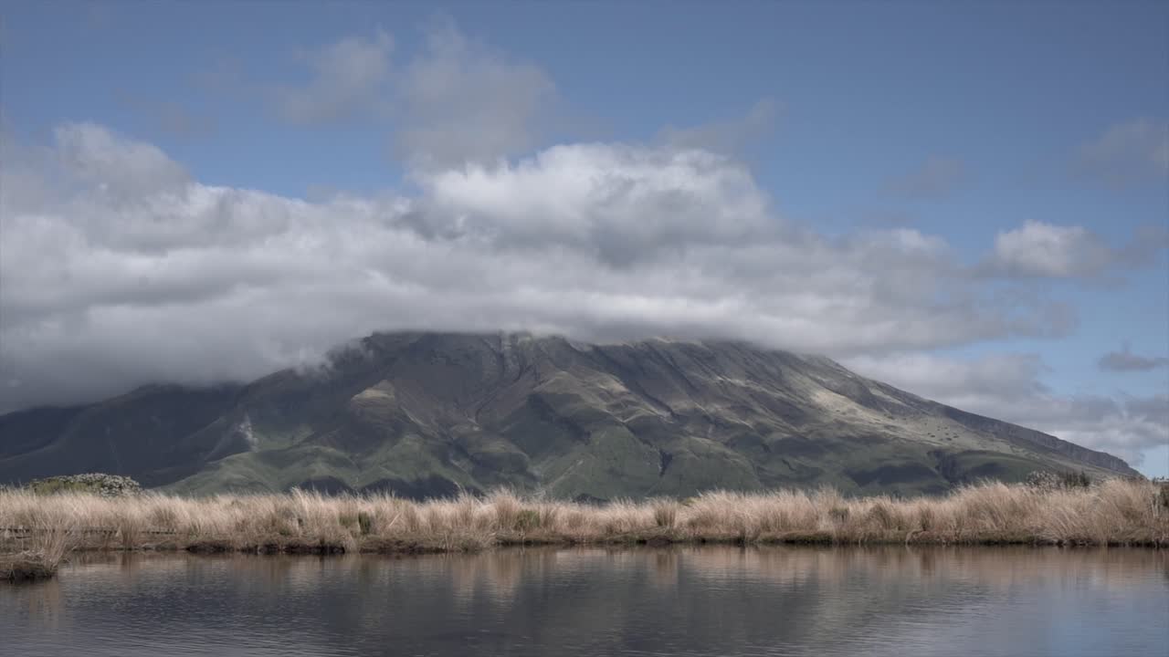 Mountain landscape with clouds and water