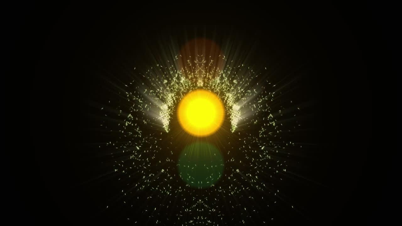 불꽃놀이가 폭발하고 교통등이 어두운 배경에 빨간색으로  ⁇ 박이는 애니메이션