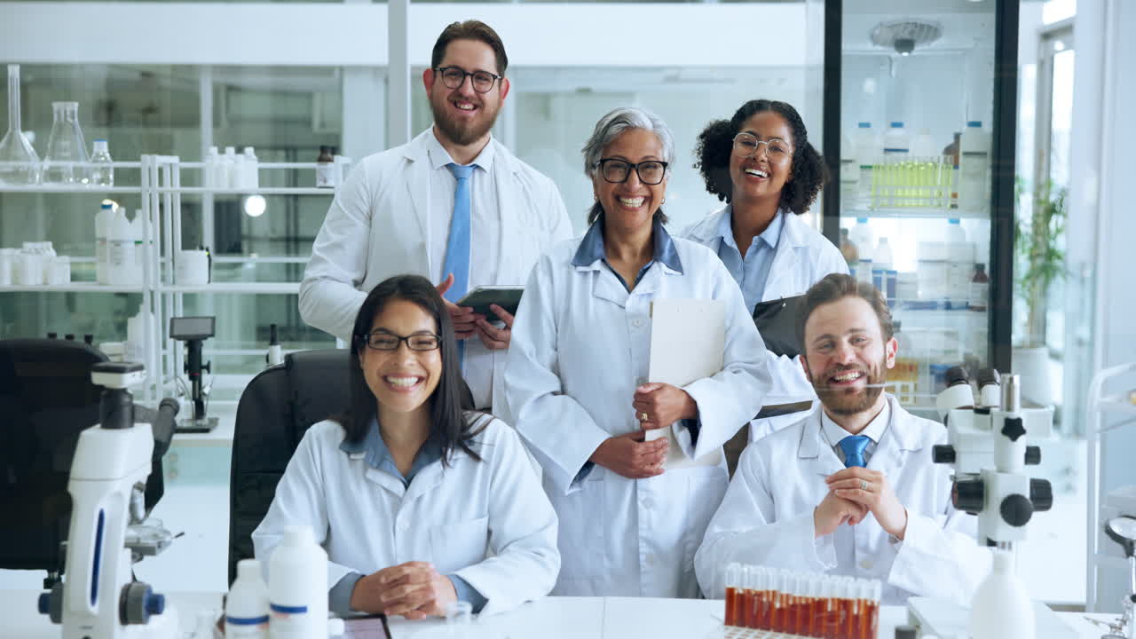 Grupo diverso de científicos felices posando en un laboratorio moderno