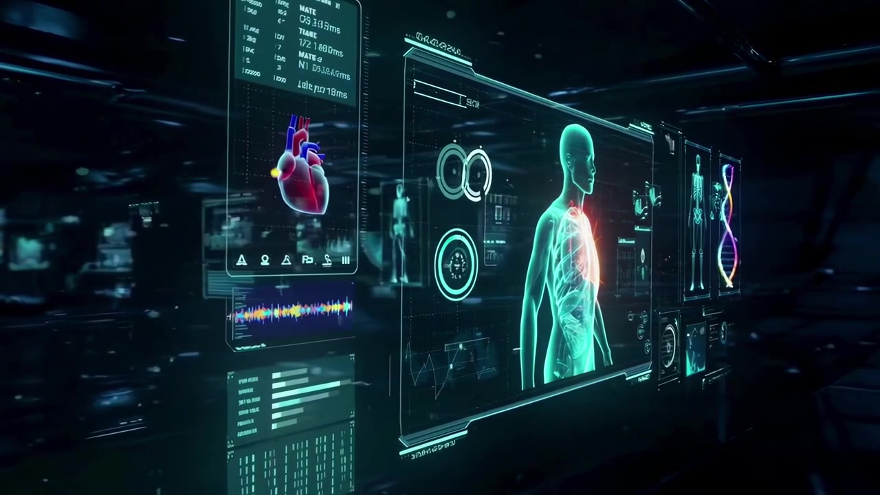 Futuristic Medical Interface Displaying Human Anatomy and Diagnostic Data