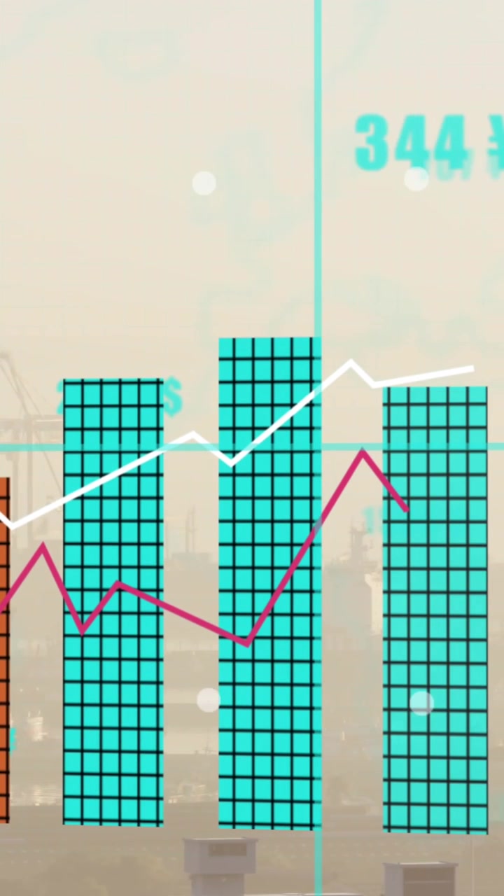Animation of financial data processing over cityscape