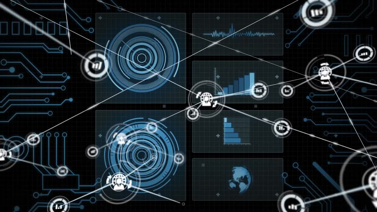 Animation of data processing with network of connections on black background
