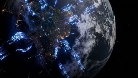 planet earth with visible south america at night and glowing blue digital circuit arrows in outer space. 3d render symbolizing global data transmission, cyber communication and digital