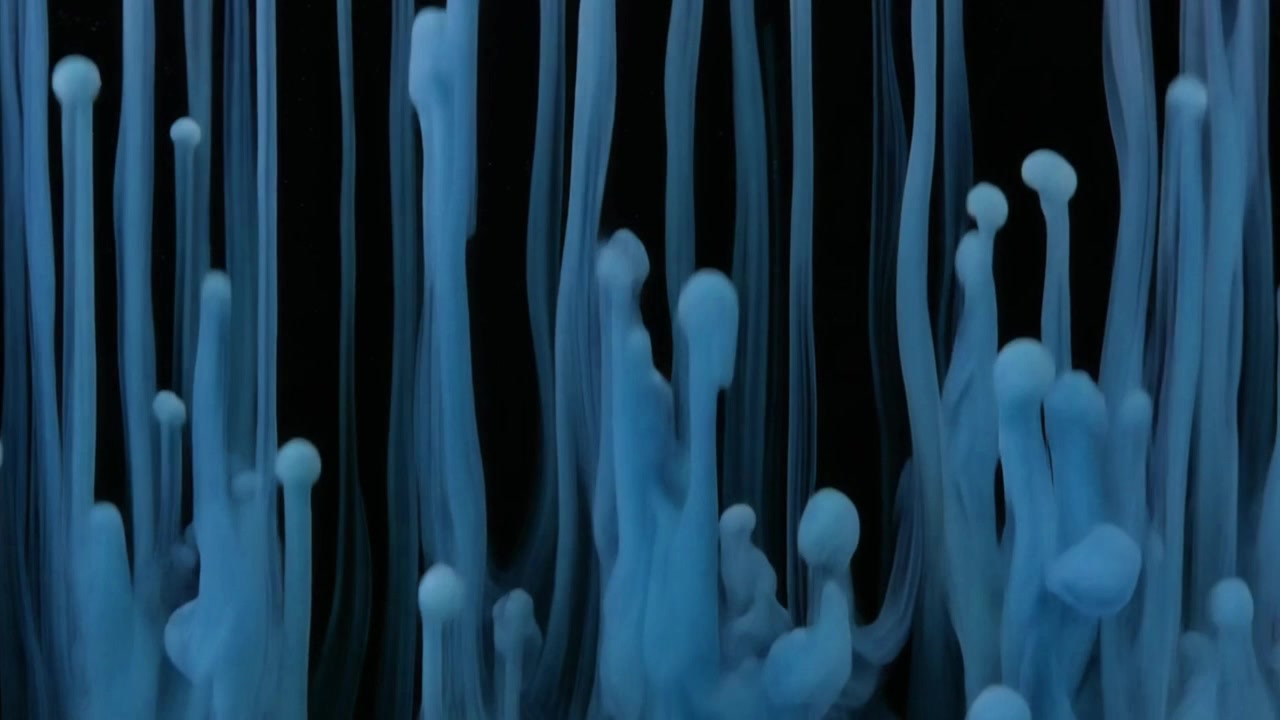 Blue Ink Droplets Rising in Water Against Black Background