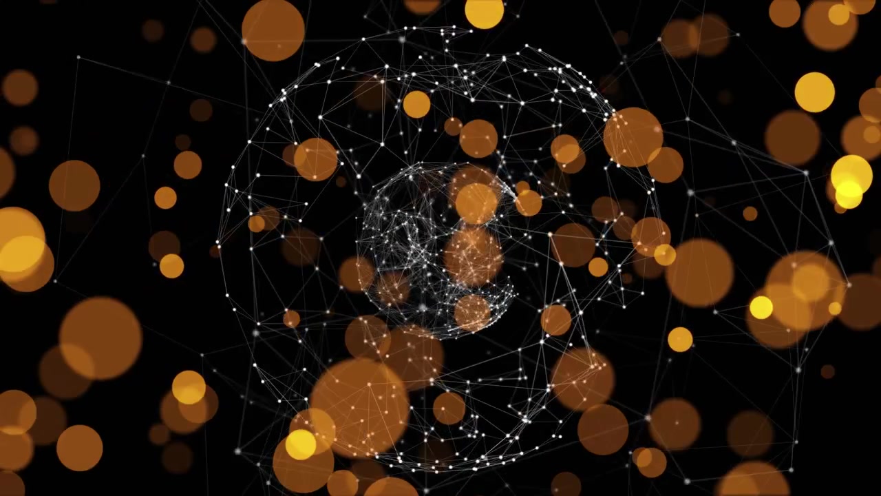 Vuoto che rivela una sfera wireframe che si espande e ruota mentre cerchi arancioni fluttuano, visualizzando una rete.