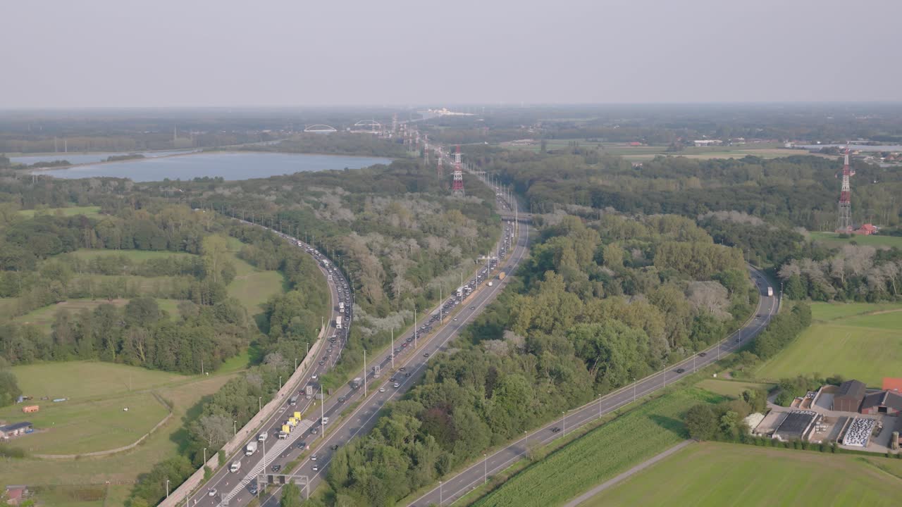 E313 highway road in Belgium, aerial panoramic view
