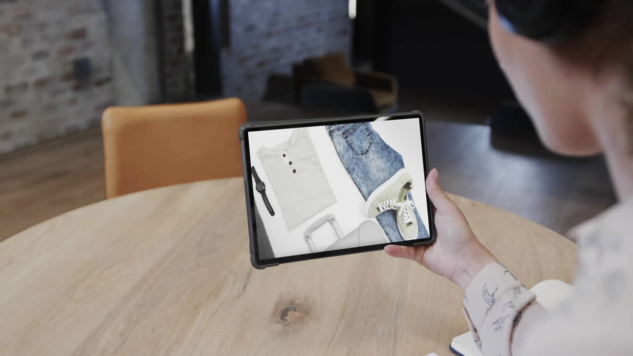 mujer biracial usando tableta en una cafetería para comprar en línea, cámara lenta