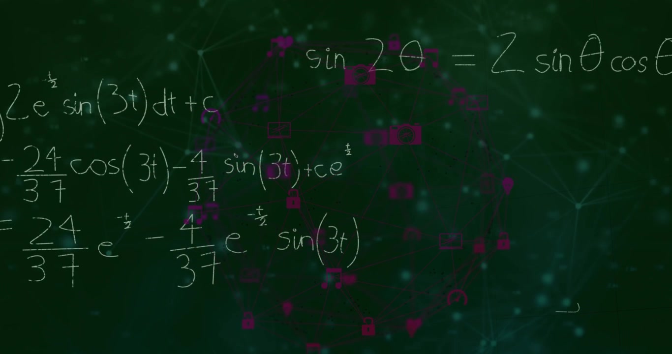 Animation of network of connections with icons over mathematical equations on black background