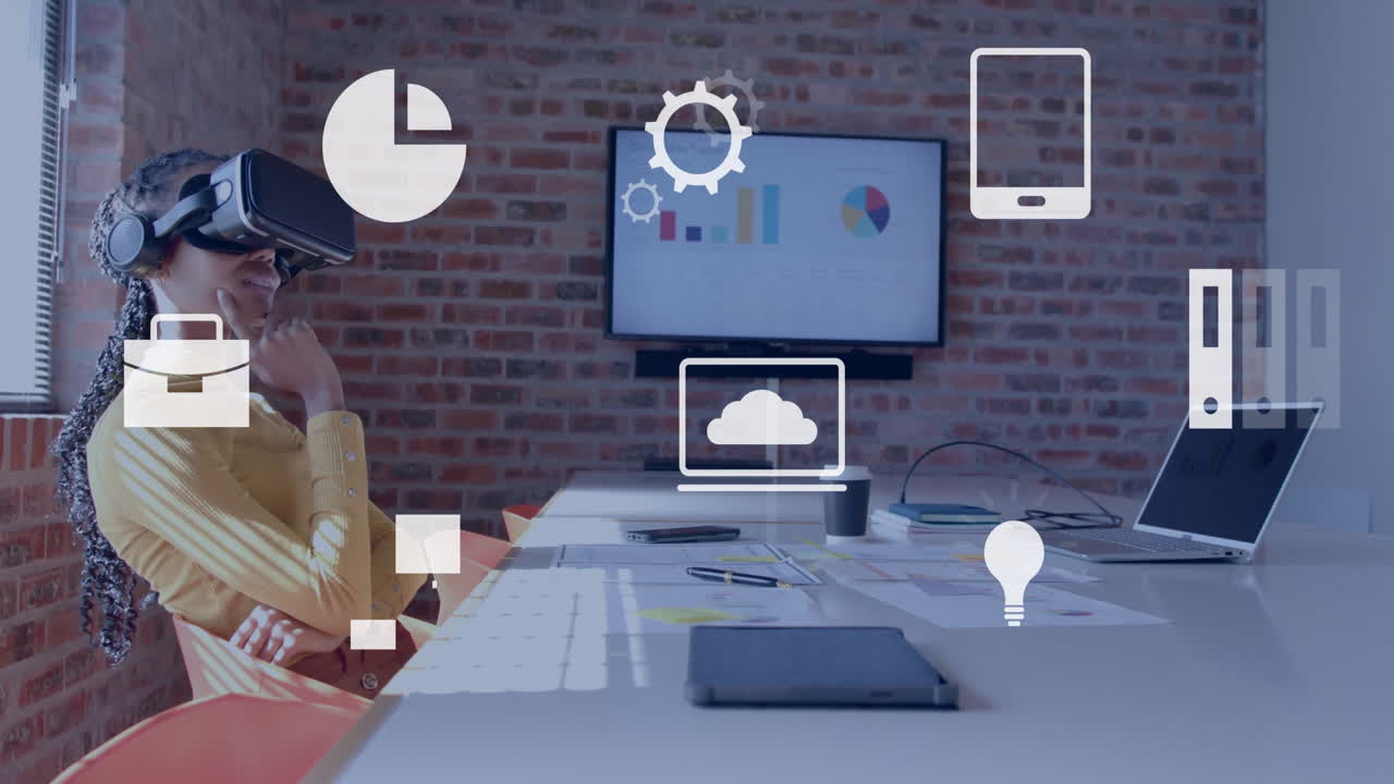 animación del procesamiento de datos sobre una mujer de negocios biracial usando auriculares vr