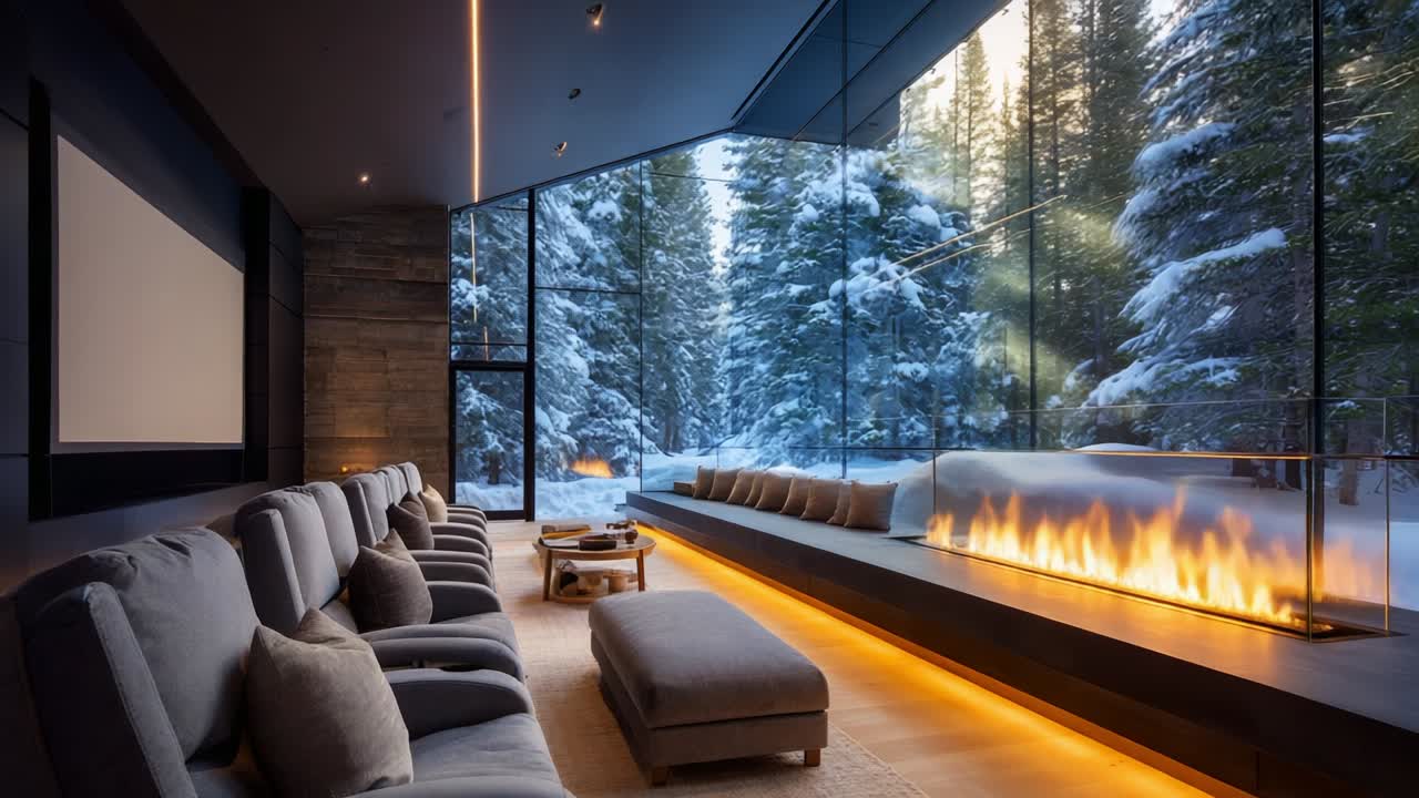 Un sereno rifugio invernale con un moderno spazio abitativo dotato di comodi posti a sedere e un incantevole caminetto in vetro con vista su un paesaggio innevato, perfetto per il relax e la riflessione