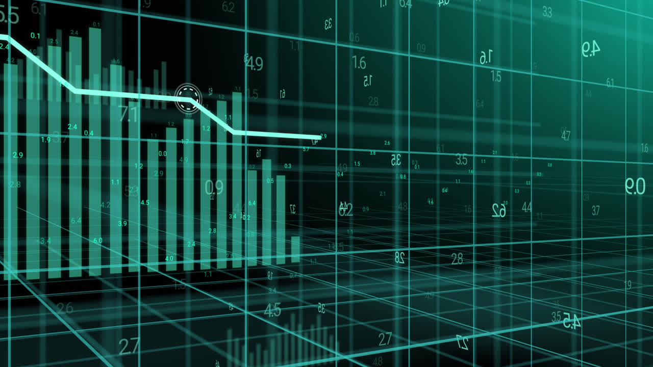 Animation of green graph and data processing over 3d grid