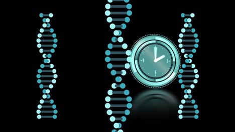 Animation-of-clock-moving-over-dna-strands-on-black-background