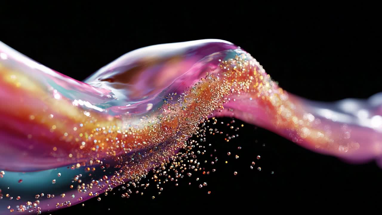 A Mesmerizing Flow of Colorful Liquid with Sparkling Particles Against a Dark Background: The Dance of Vivid Hues and Captivating Motions Showcase Nature's Creative Artistry