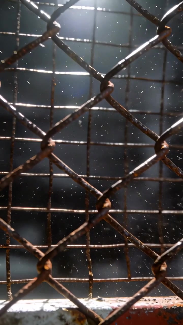 Video verticale: Telecamera in panoramica che riprende una rete metallica a maglie romboidali arrugginita sul davanzale, con la luce del sole che mostra la polvere.