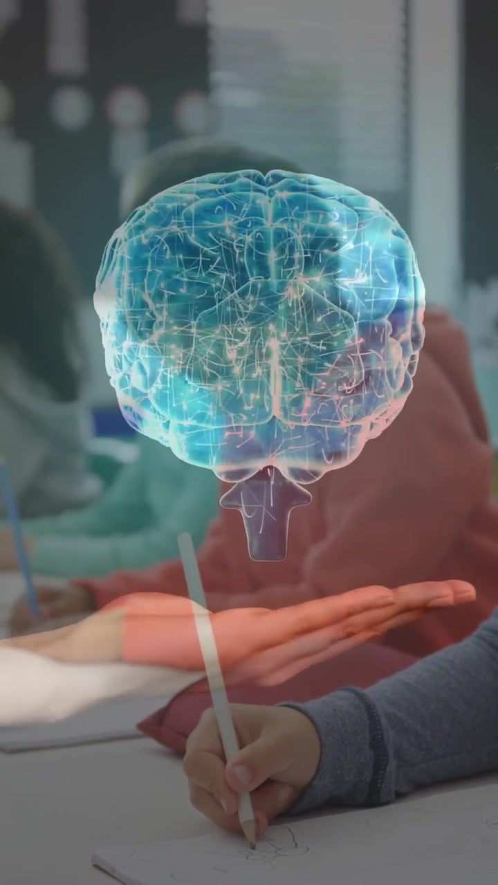 Vertical video: Class writing, sphere appearing then forming AR brain above adult palm for learning
