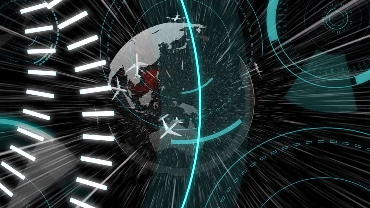 5g text and round scanners against plane icons flying over globe on black background