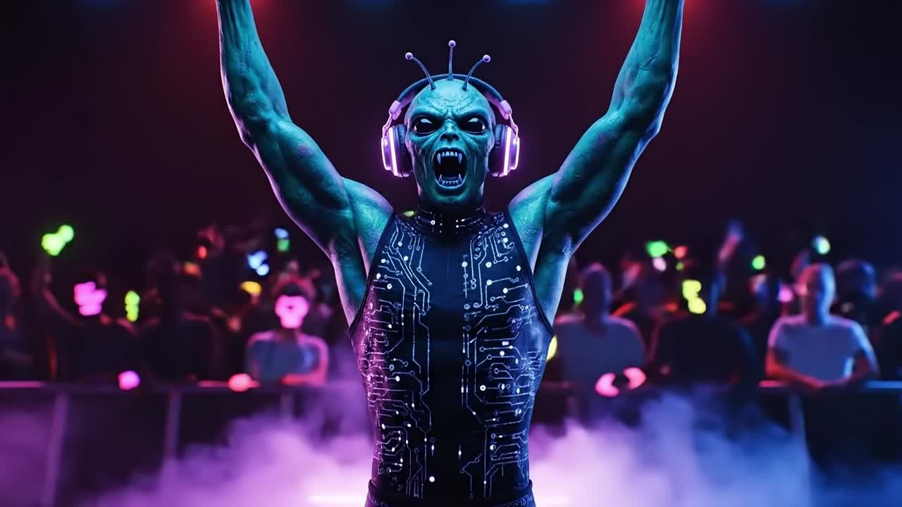 A man in a futuristic suit with headphones on in front of a crowd