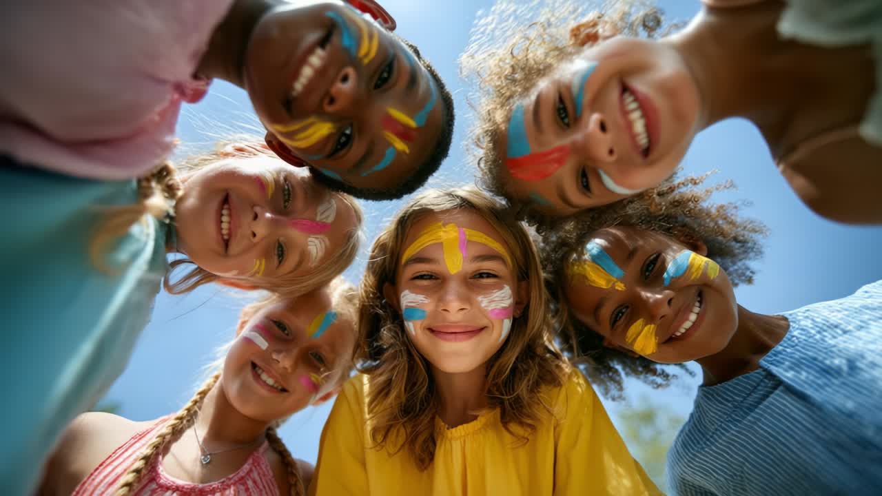 Grupo diversificado de crianças sorrindo com os rostos pintados