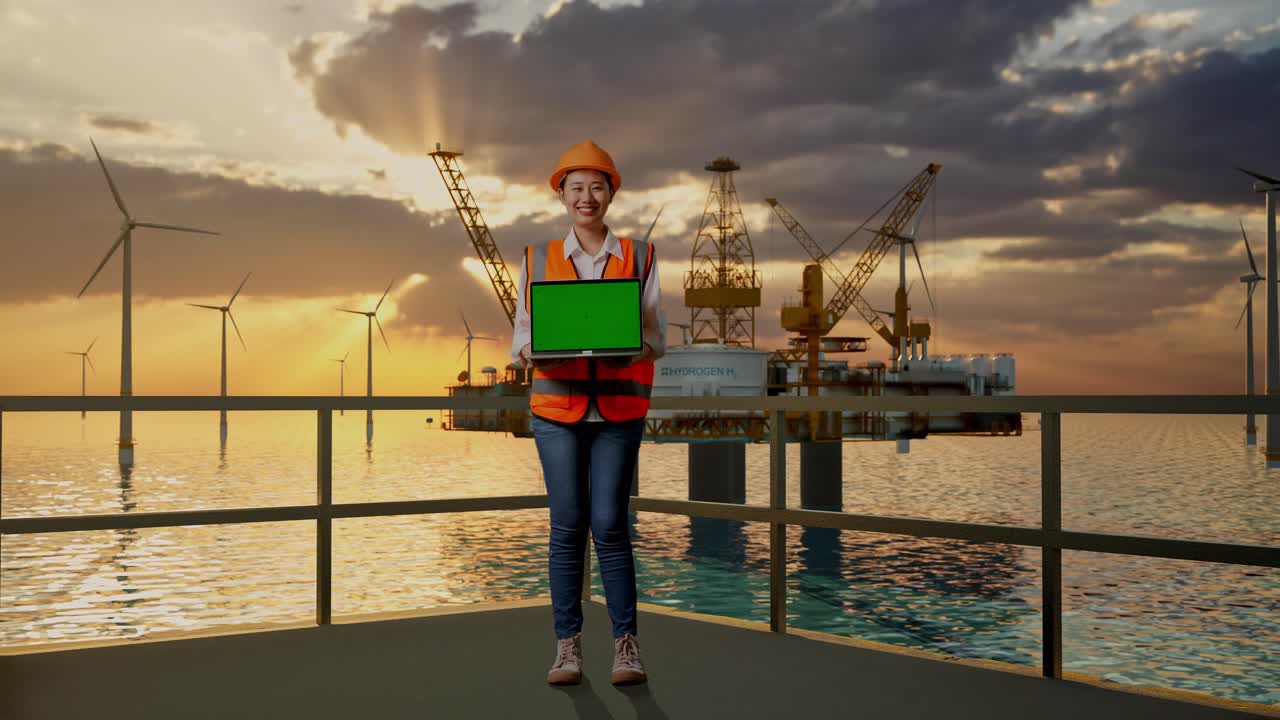 Female Engineer at Offshore Wind Farm with Laptop