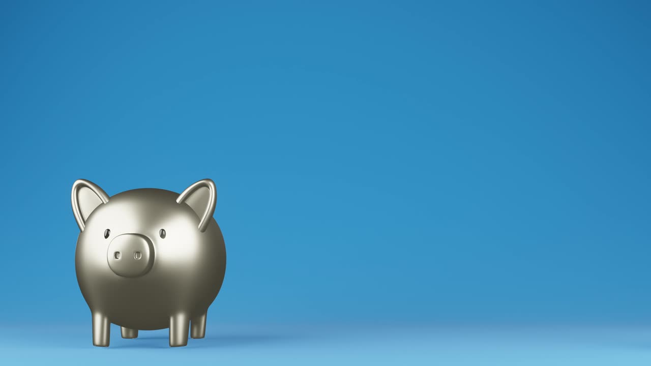 animación renderizada en 3d de una moneda de oro rodando desde una alcancía.