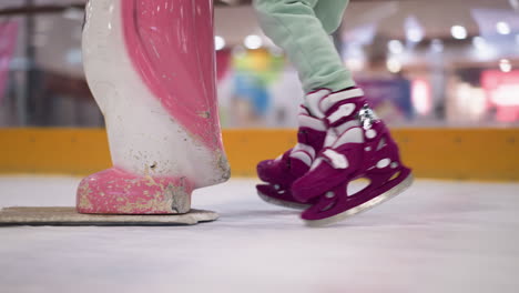 primer plano de alguien patinando en patines púrpuras con pantalones de color ceniza, junto a un objeto rosa y blanco, y otros patinadores en el fondo