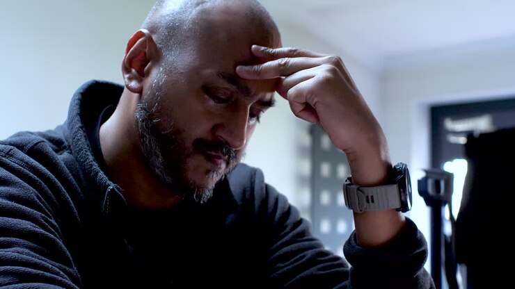 A man sits, his hand scratching his head, his expression revealing the burden of stress and anxiety he carries, vividly illustrating the tangible strain he experiences