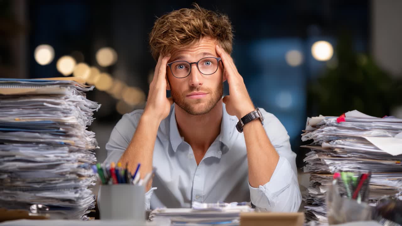 A Young Professional Reflects in a Chaotic Office Setting Surrounded by Cluttered Paperwork, Representing Stress and Overwhelm in the Modern Workplace