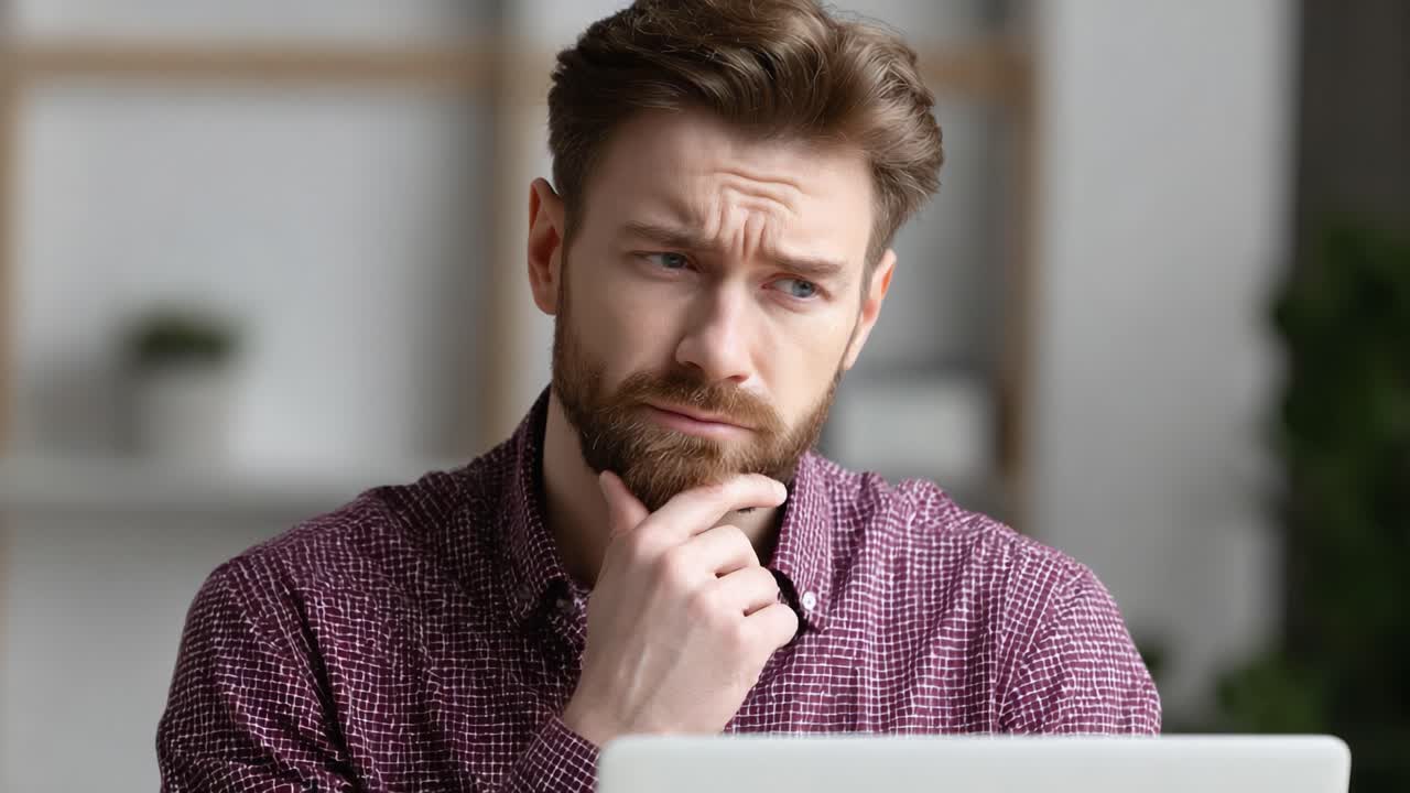 A Thoughtful Individual Contemplates Ideas While Engaged with a Laptop, Showcasing Pensive Expression and Reflective Mood in a Modern Workspace Environment