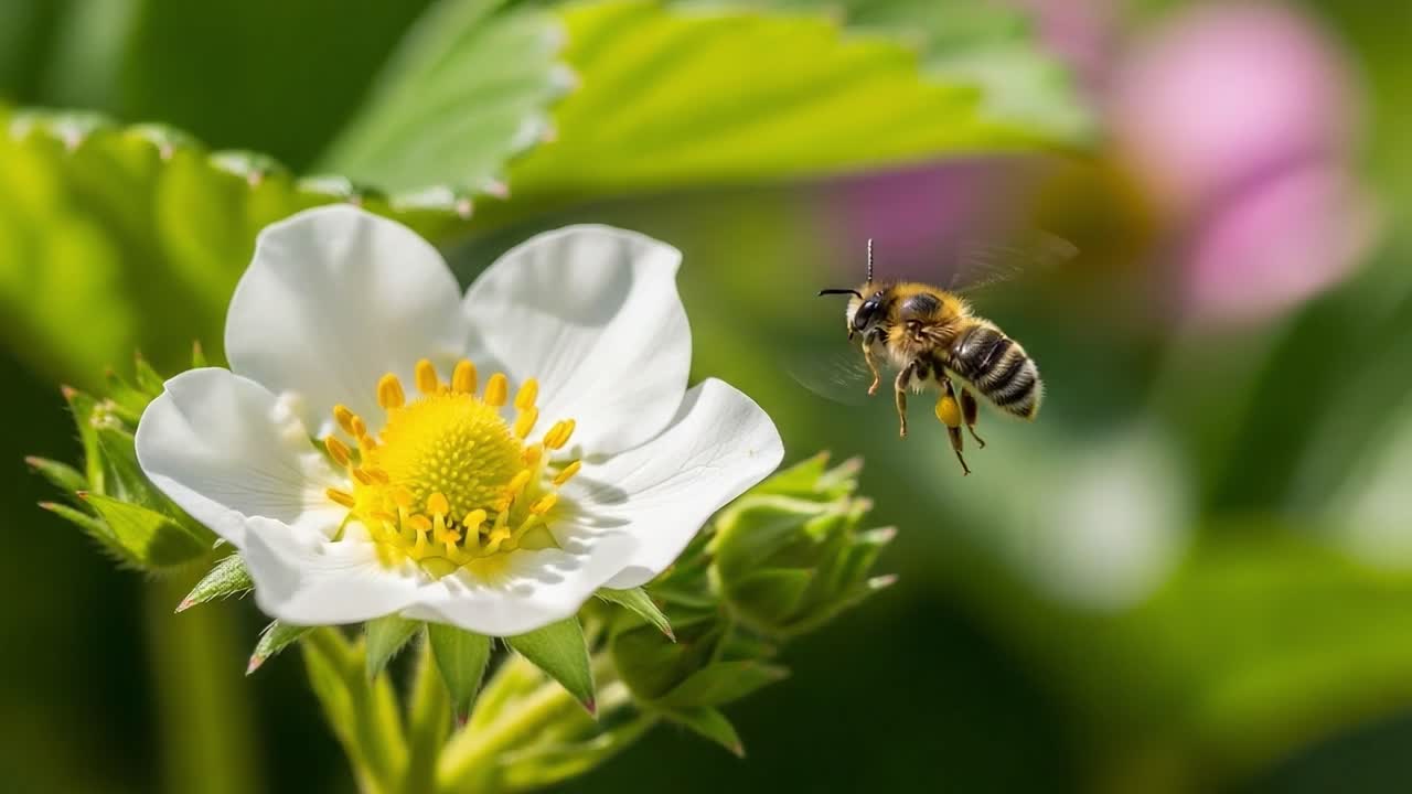 A Beautiful Bee Pollinates a Strawberry Blossom, Capturing the Essence of Nature's Harmony in a Bright and Colorful Environment
