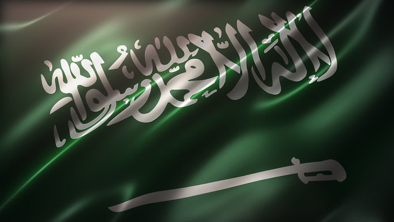 la bandera de arabia saudita de alto ángulo, vista en perspectiva, ondeando en el viento, realista con un aspecto y sensación cinematográfica, y una elegante textura sedosa