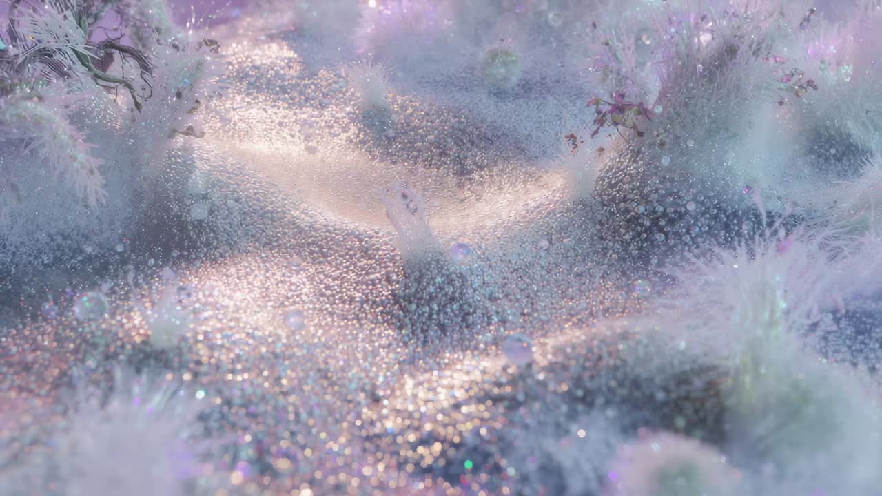 Shifting highlights sliding focus, glittering surface revealing V-trough, beads, tufts in studio