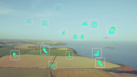 golden fields merging into blue sea, floating green icons highlighting renewable energy concepts