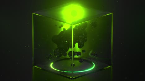 유리 큐브에서 춤추는 물방울 3d 렌더링 애니메이션