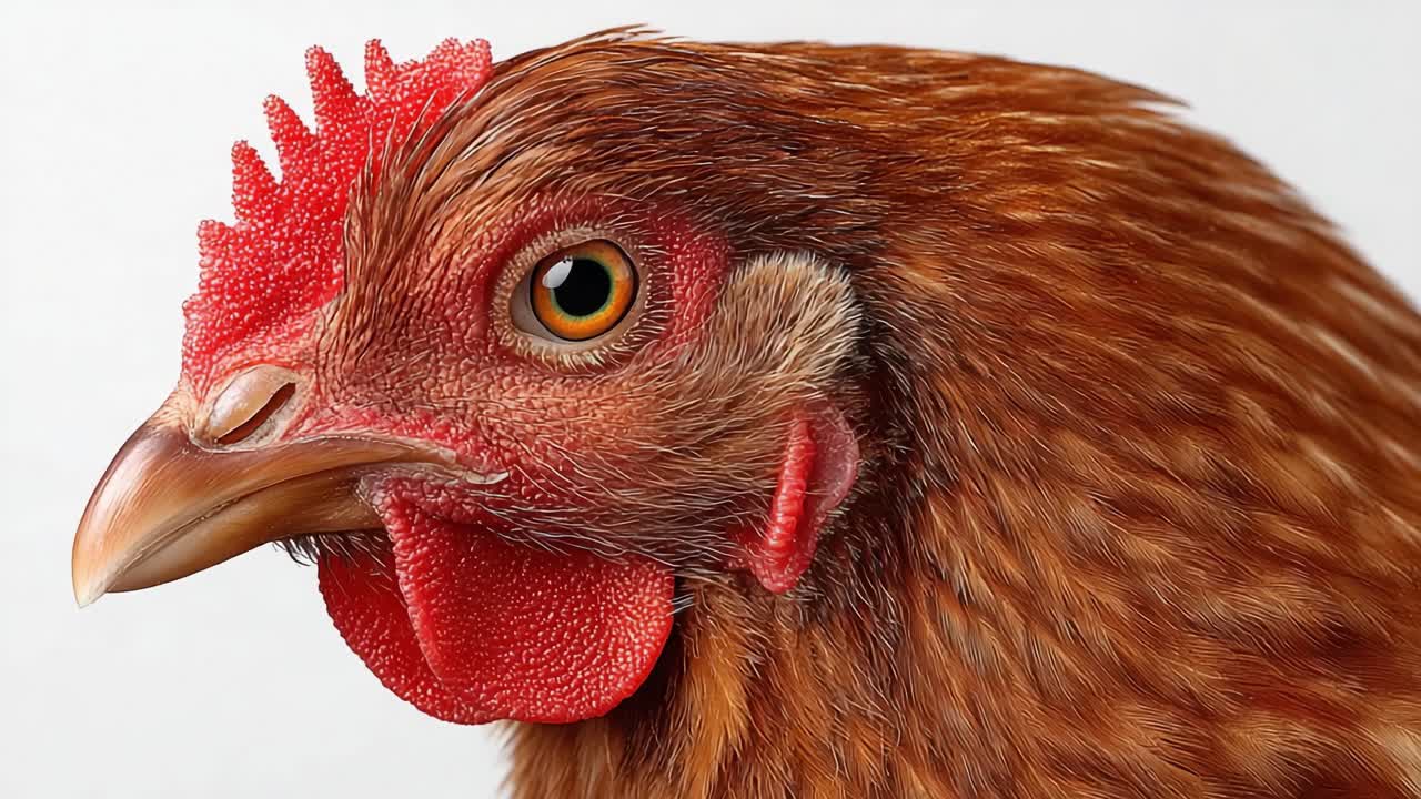 Gedetailleerd close-up portret van een bruine kip met ingewikkelde verenpatronen en oogkleuring, dat de essentie van aviaire schoonheid en het boerenleven vastlegt.