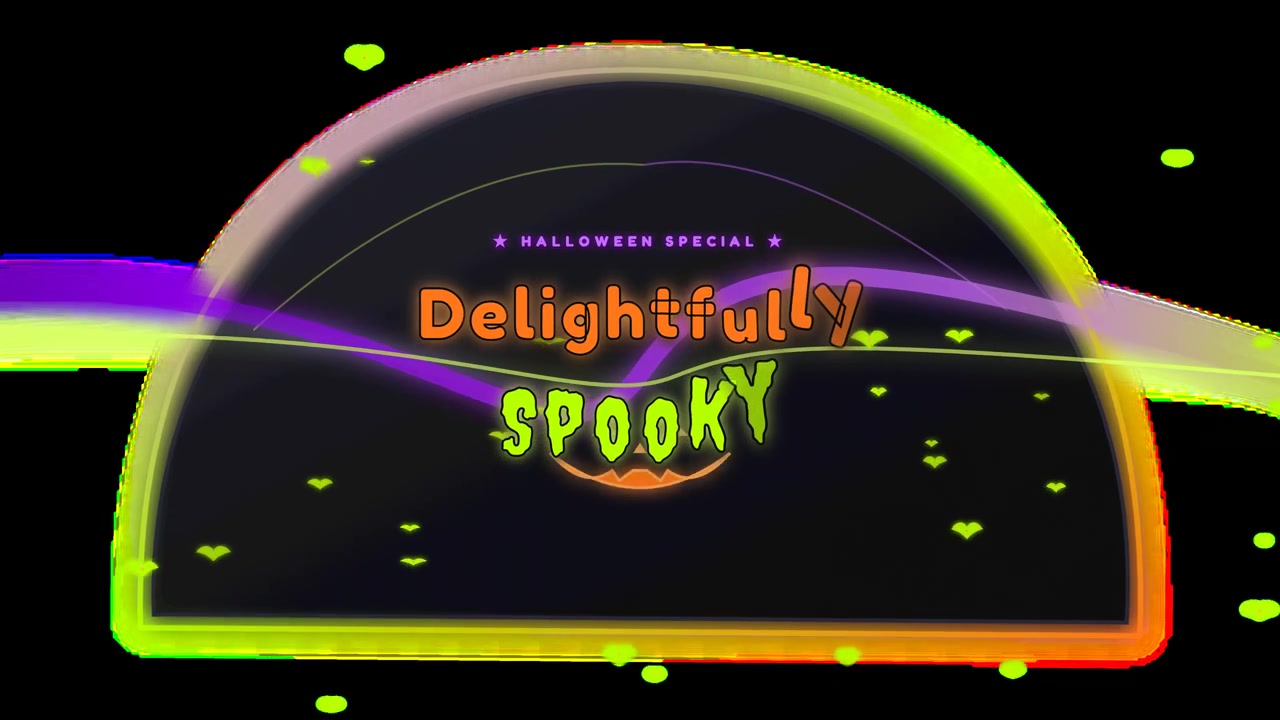 A design featuring the words Delightfully Spooky highlighted for Halloween. The background includes animated green hearts and other effects creating a festive mood