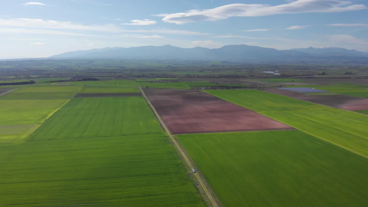 Aerial shot vibrant green agricultural green fields close up, in the countryside on a spring sunny day
