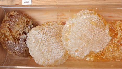 closeup of honeycomb in a wooden box