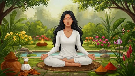 a tranquil meditation scene in nature: a serene woman meditating amidst vibrant flora and natural elements representing peace and harmony