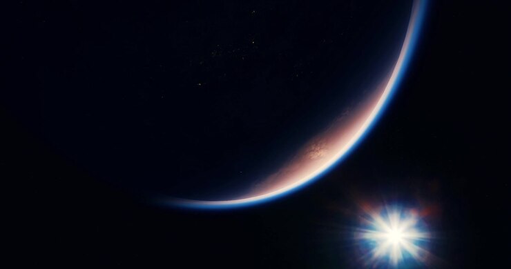 View of a planet with distant stars and a bright sunburst in space