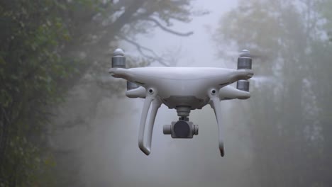 un dron flota en vuelo en un camino forestal de otoño brumoso y brumoso